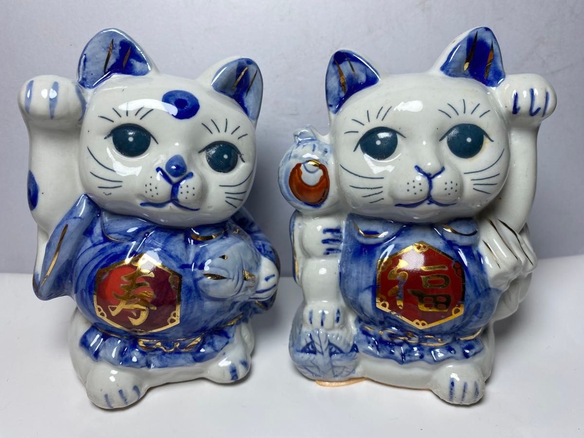 Japanese Maneki Neko Lucky Cat Pair Daikoku Ebisu Fortune Ceramic Japan