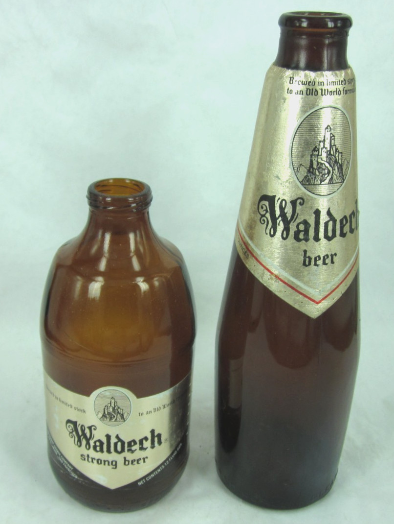 pair Waldech Beer bottles vintage 1970s Theodore Hamm\'s stubby \'strong\' & tall