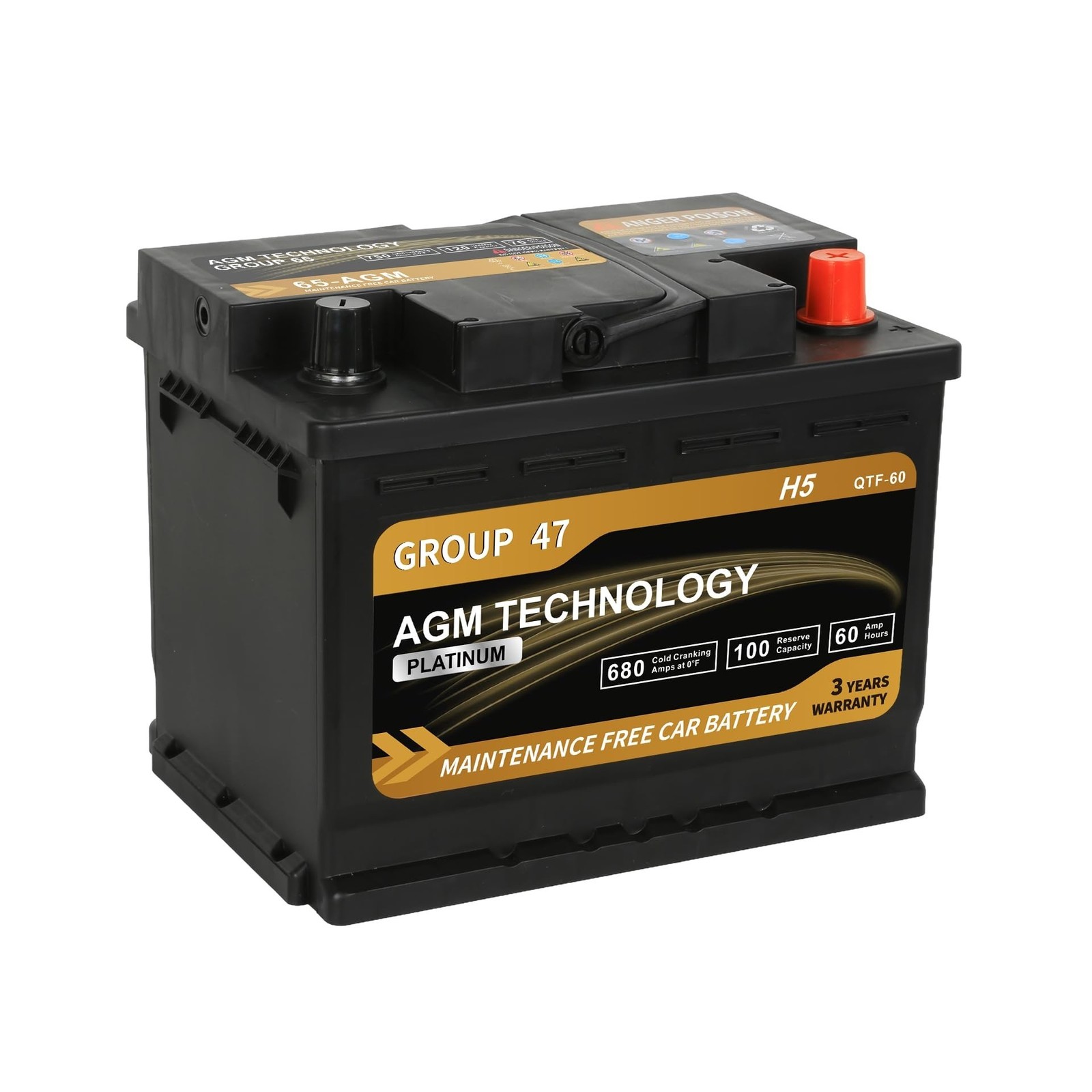 Platinum AGM Car Battery Group Size 47 H5, 12V 60Ah, 680 CCA, 100 RC, Recharg... Platinum AGM Car Battery Group Size 47 H5, 12V 60Ah, 680 CCA, 100 RC, Recharg...