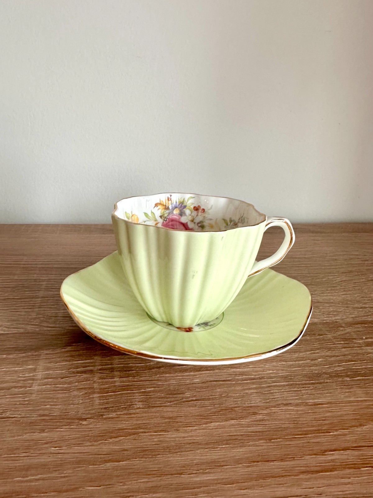 Vintage EB Foley 3627 Bone China Teacup Saucer Green Floral England 1950s