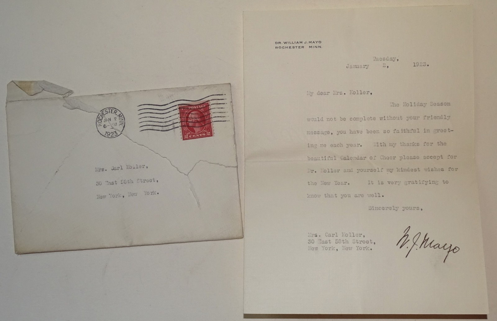 Dr William J Mayo Clinic TLS Signed Letter 1923  To Dr Carl Koller, Anesthesia