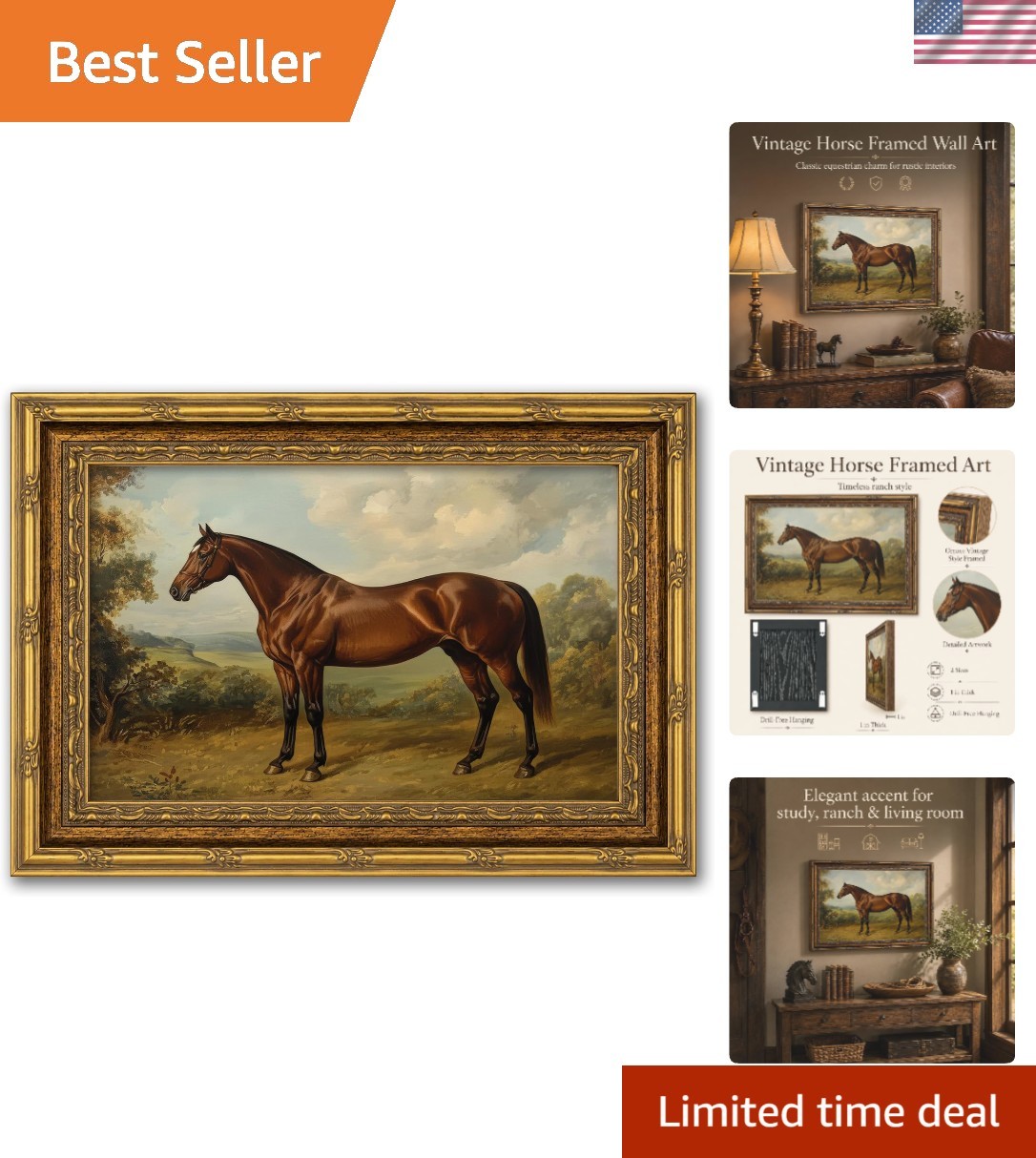 Vintage Gold Framed Horse Wall Art Classical Photo Frame Brown Horse Canvas P...