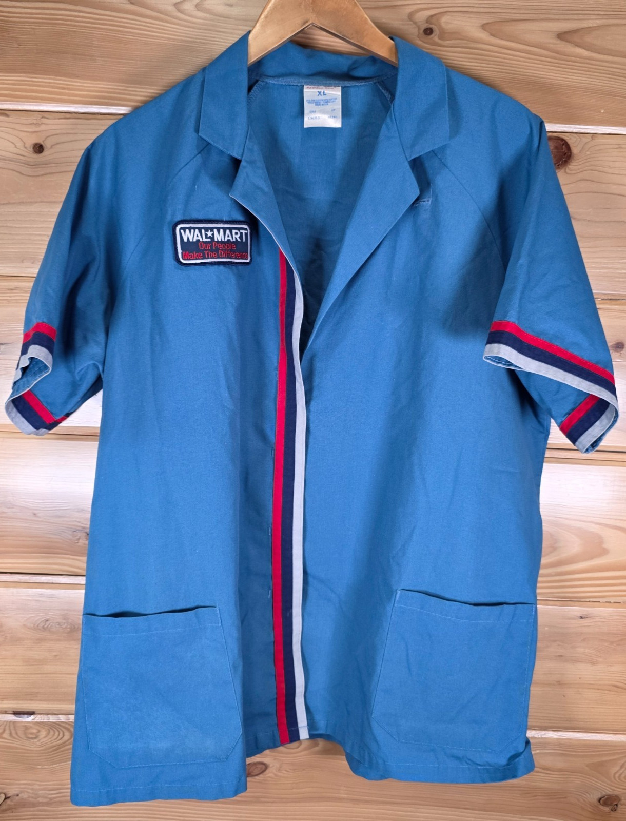 VTG Walmart Pin Employee Uniform Shirt XL Fashion Seal Blue Snap Front Striped