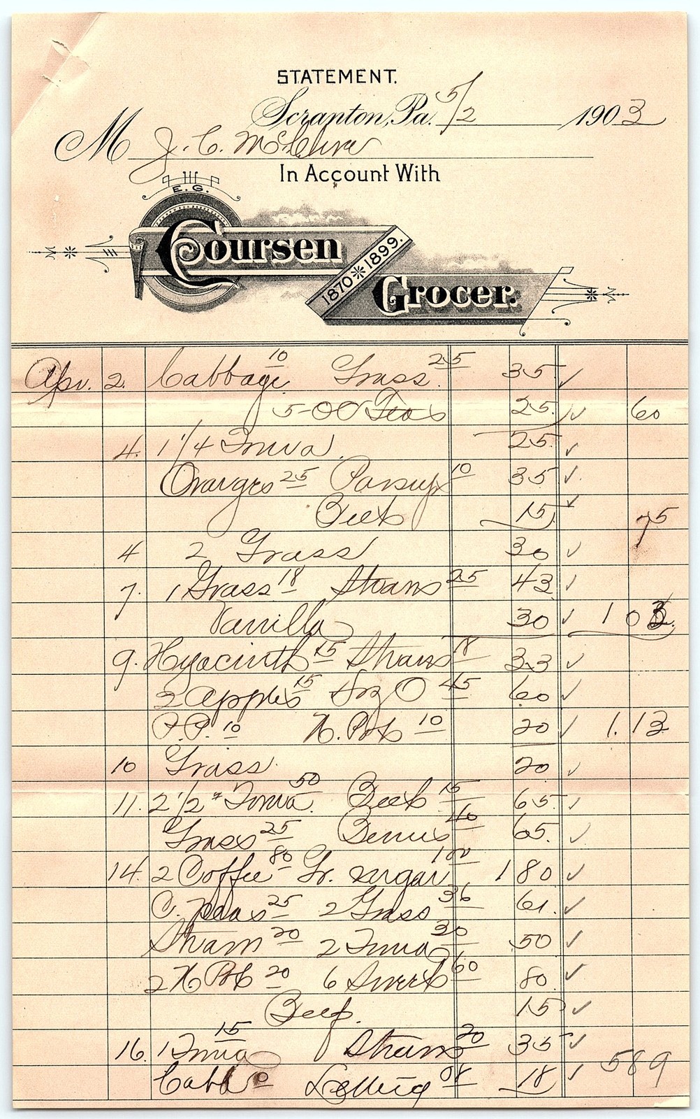 Vintage 1903 Scranton PA Coursen Grocer billhead statement