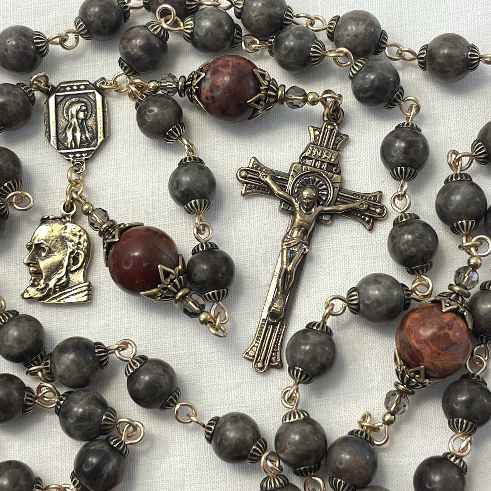 St. Padre Pio Rosary: Chocolate Labradorite, Red Jasper, Solid Bronze Crucifix
