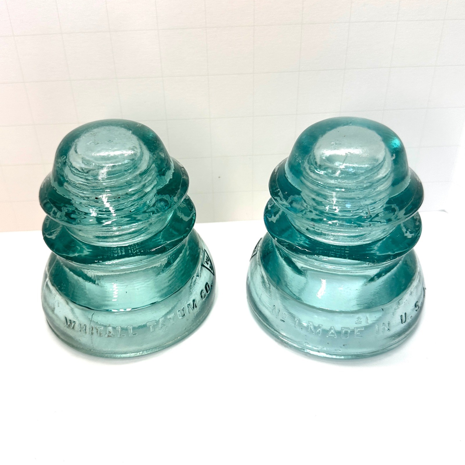 Glass Insulators Whitall Tatum Set 2 Vintage Aqua Glass Antique Industrial Decor