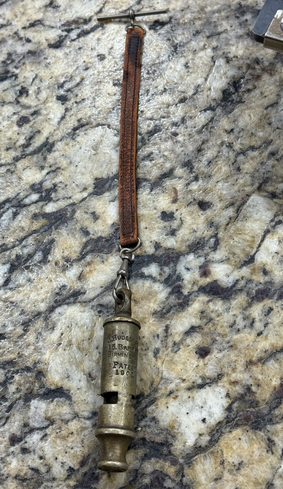 Antique 1901 J Hudson & Co Brass Military Trench Whistle Leather Strap British