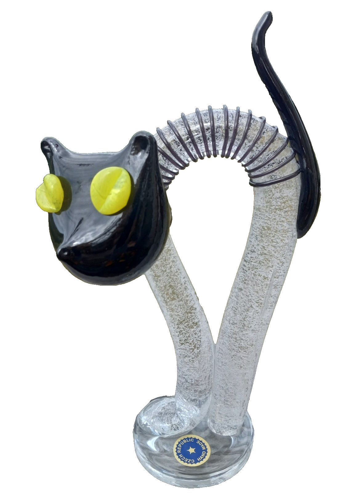 Vintage Czech Republic Hand Blown Art Glass Black Cat in Box Halloween
