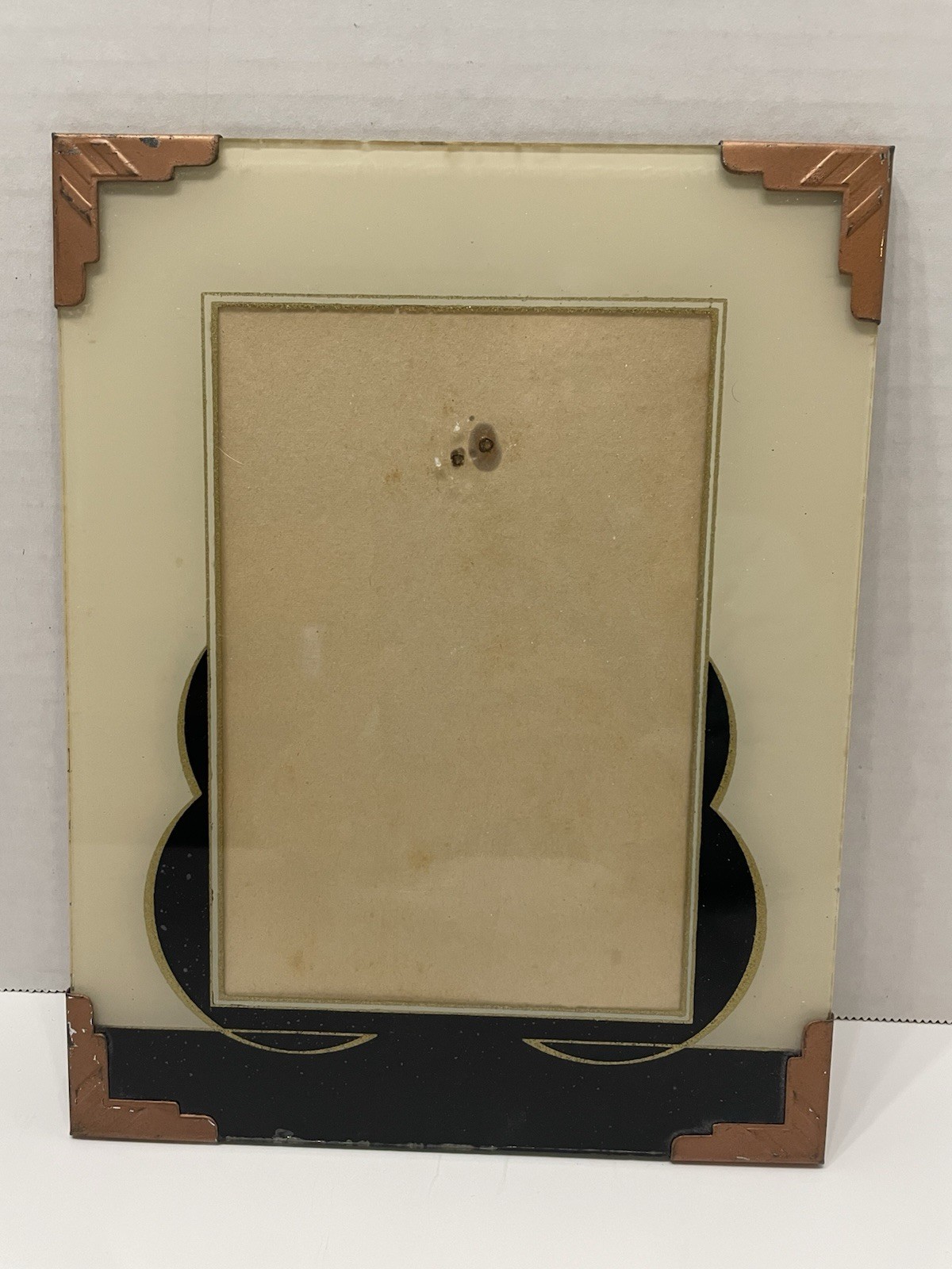 Antique 1930s Art Deco Reverse Painted Glass Picture Frame Geometric Cream Gold
