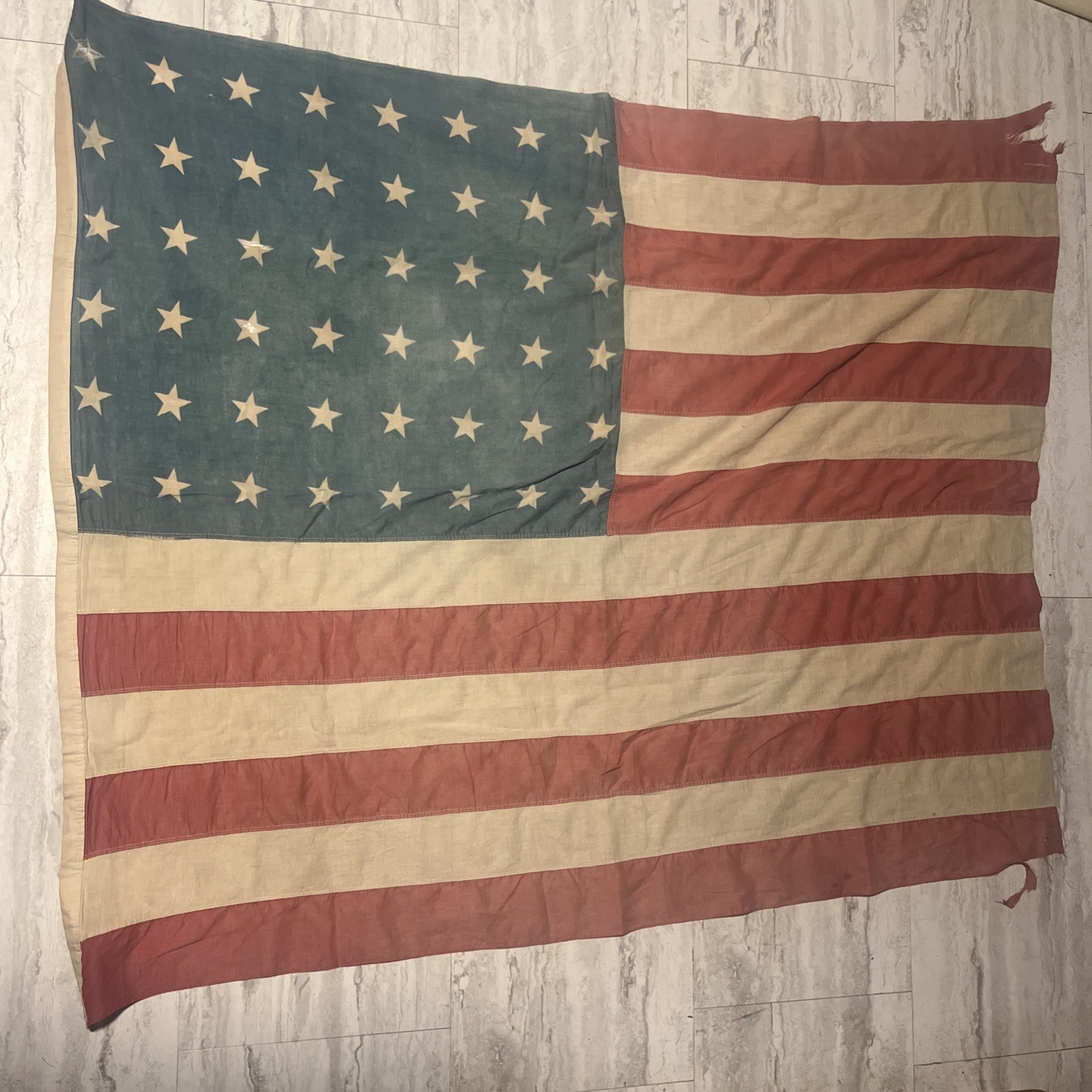 Vintage 48 Star American Flag WWII Era Sewn   Cotton 49.5x43.5” Tattered Patina