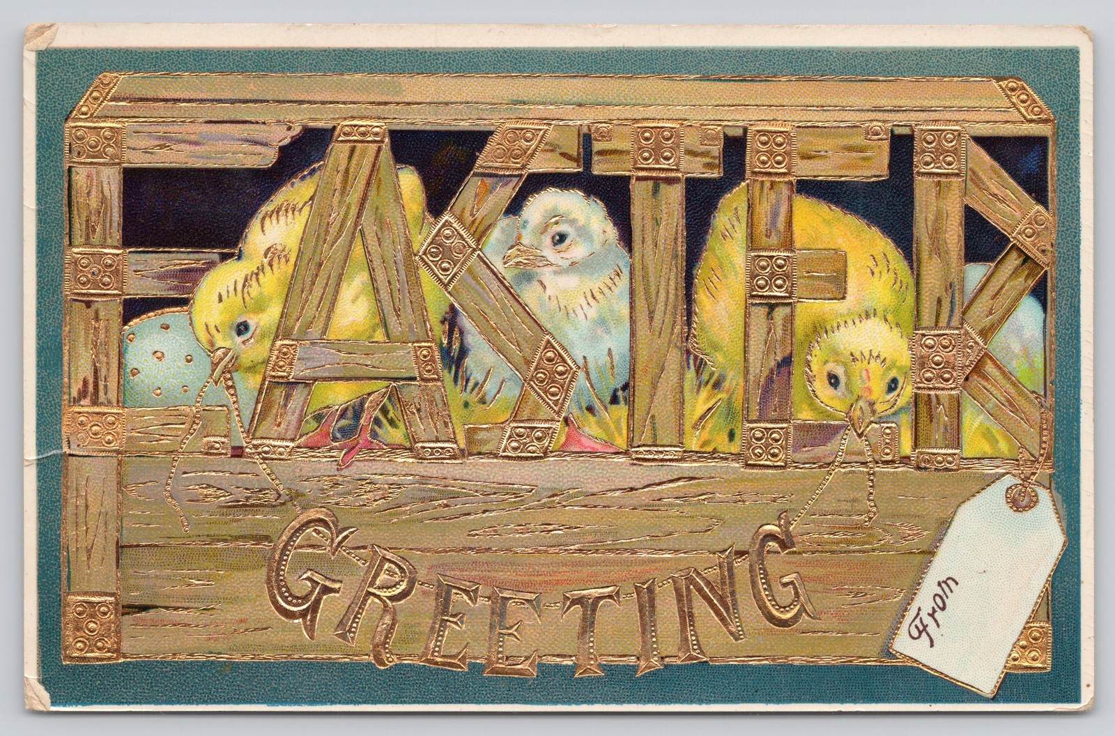 Antique Easter Greeting Postcard Gold Gilt Embossed Chicks c1910 Germany