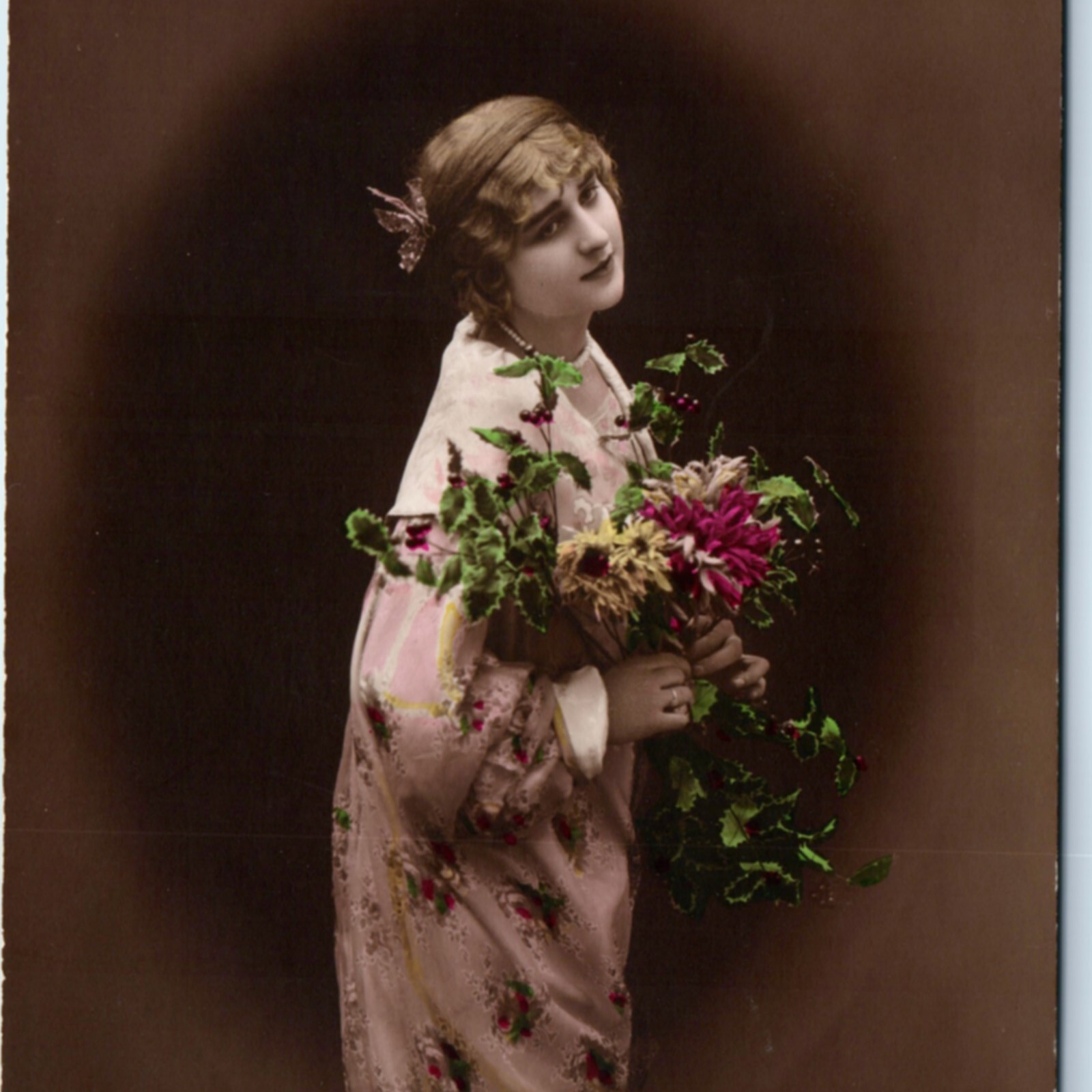 c1910s New Year Greetings RPPC Hand Colored Fashion Lady Flower Bouquet Postcard