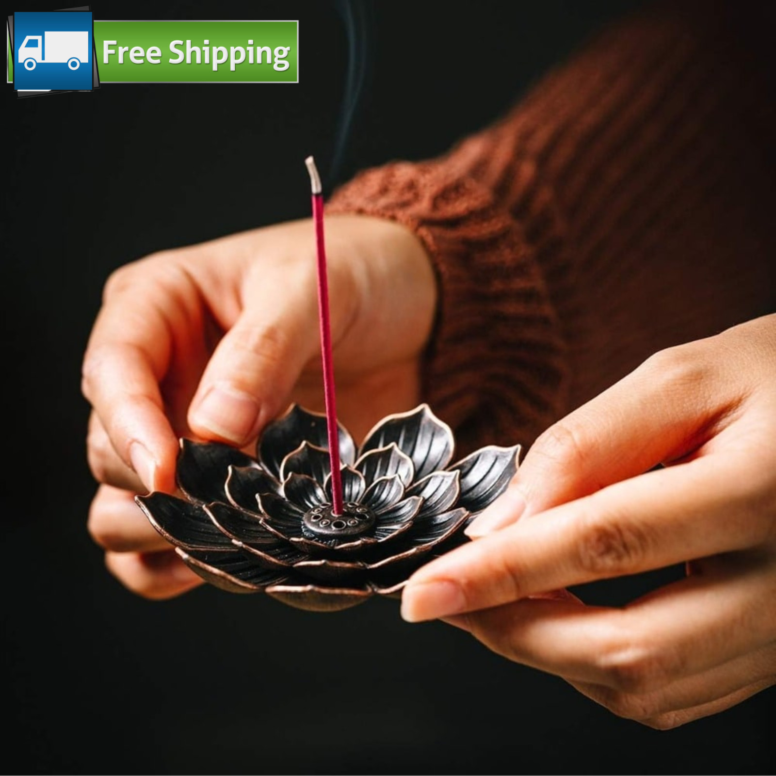 Lotus Incense Stick Burner Vintage Brass Cone Coil Holder Ash Catcher Brown USA