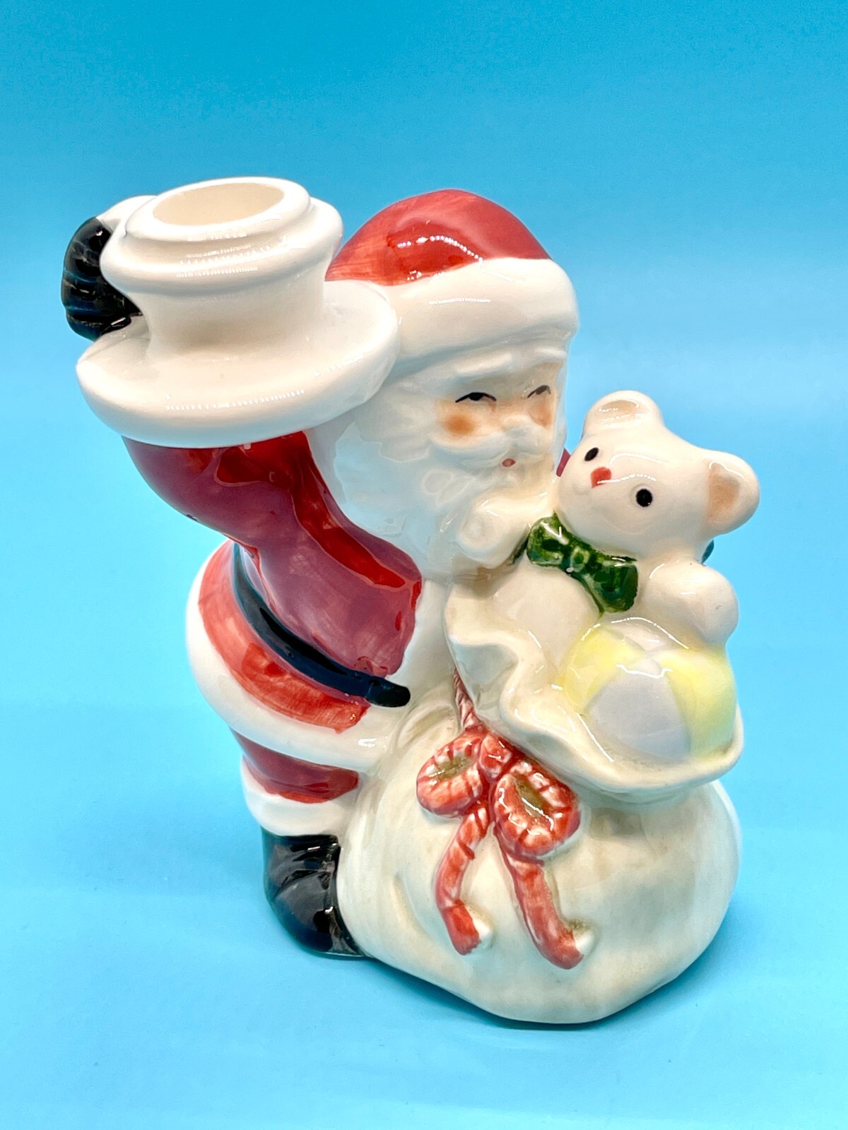 Vintage 1981 Fitz and Floyd Santa Teddy Bear In Gift Bag Candle Holder – EUC