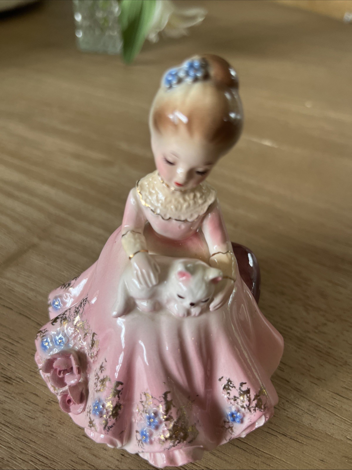 Vintage Josef Originals Lady Sitting On Bench With Kitten
