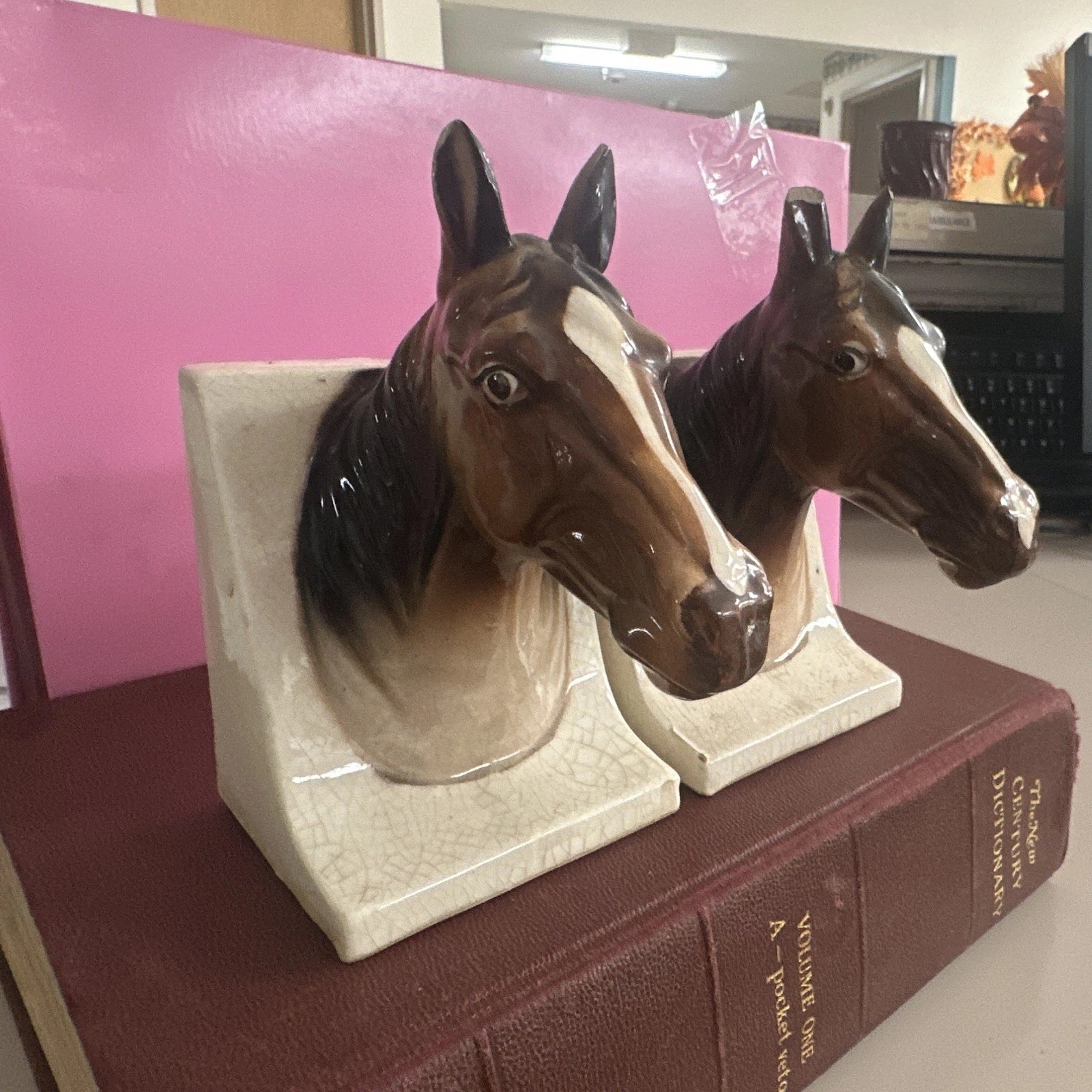 Vintage Ceramic Horse Head Wall Bookends Brown Glaze Decorative Set of 2