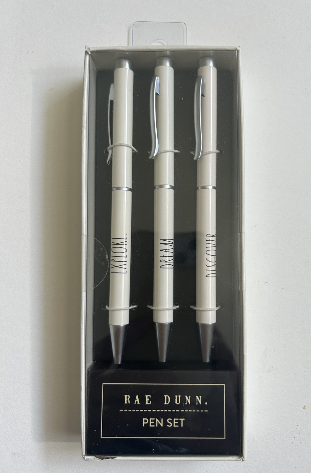 RAE DUNN Ballpoint Pen Set EXPLORE DREAM DISCOVER Cream Metal Barrels NISP