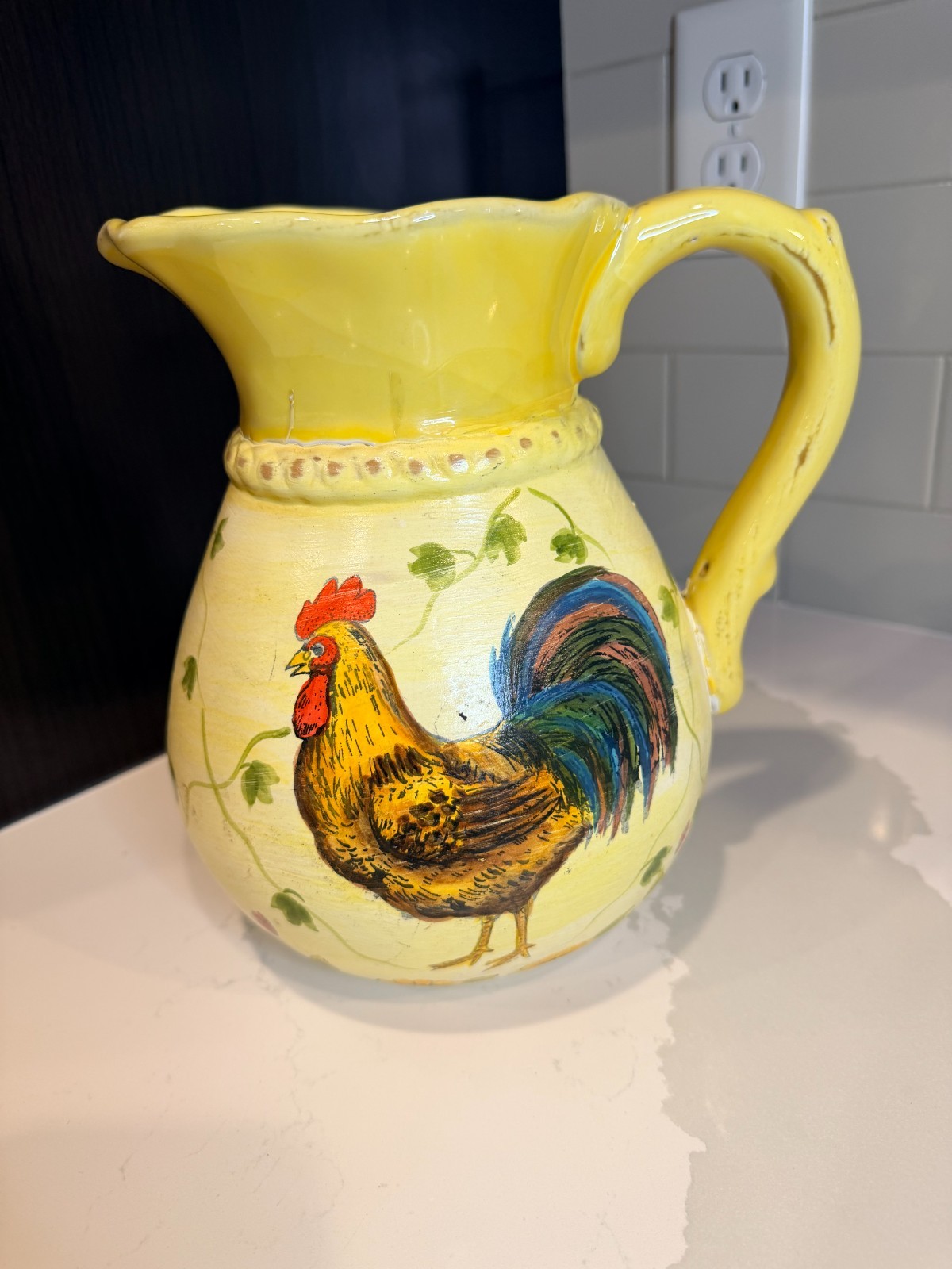 Vintage Country Rooster Ceramic Pitcher Vase Large Yellow Decorative Flaws