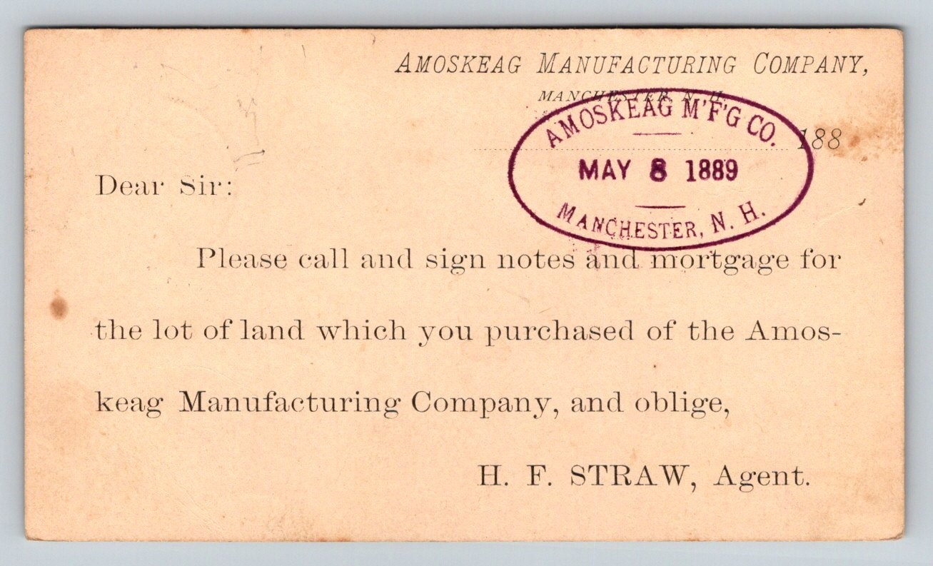 1889 Amoskeag Mfg Co Manchester NH Land Sale George Washington Postal Card