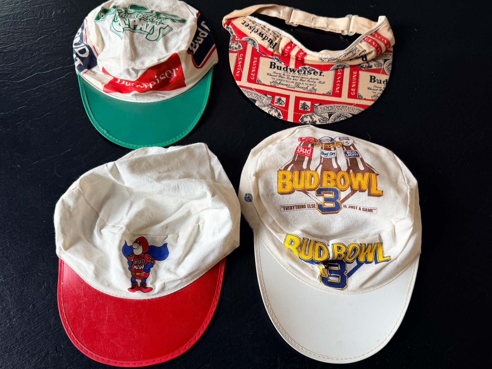 Set of 4 Vintage Budweiser Hats Bud Bowl 3, Bud Man Painter Cap, Budweiser Visor