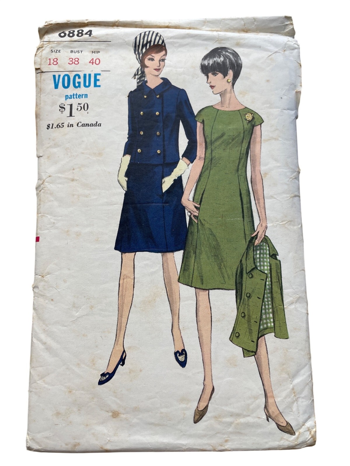 Vintage 60s Vogue 6884 Sewing Pattern Size 18 One Piece Dress & Jacket Retro CUT