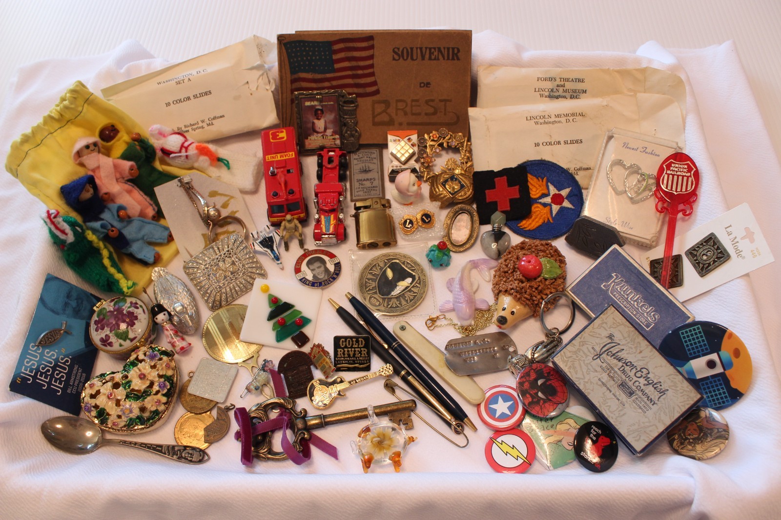 Junk drawer lot vintage to now ephemera jewelry boxes patches photo slides etc