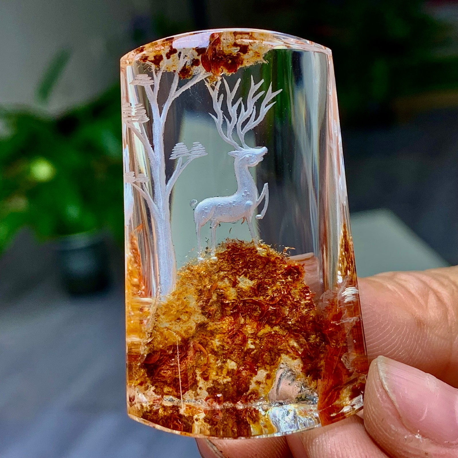 39G  Natural Green Ghost Crystal Quartz Crystal Hand carved deer Specimen