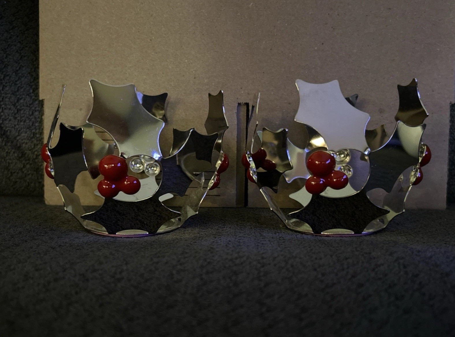 2x PartyLite Modern Holly Tealight Holder P91363 3.5” Holly Berry Metal