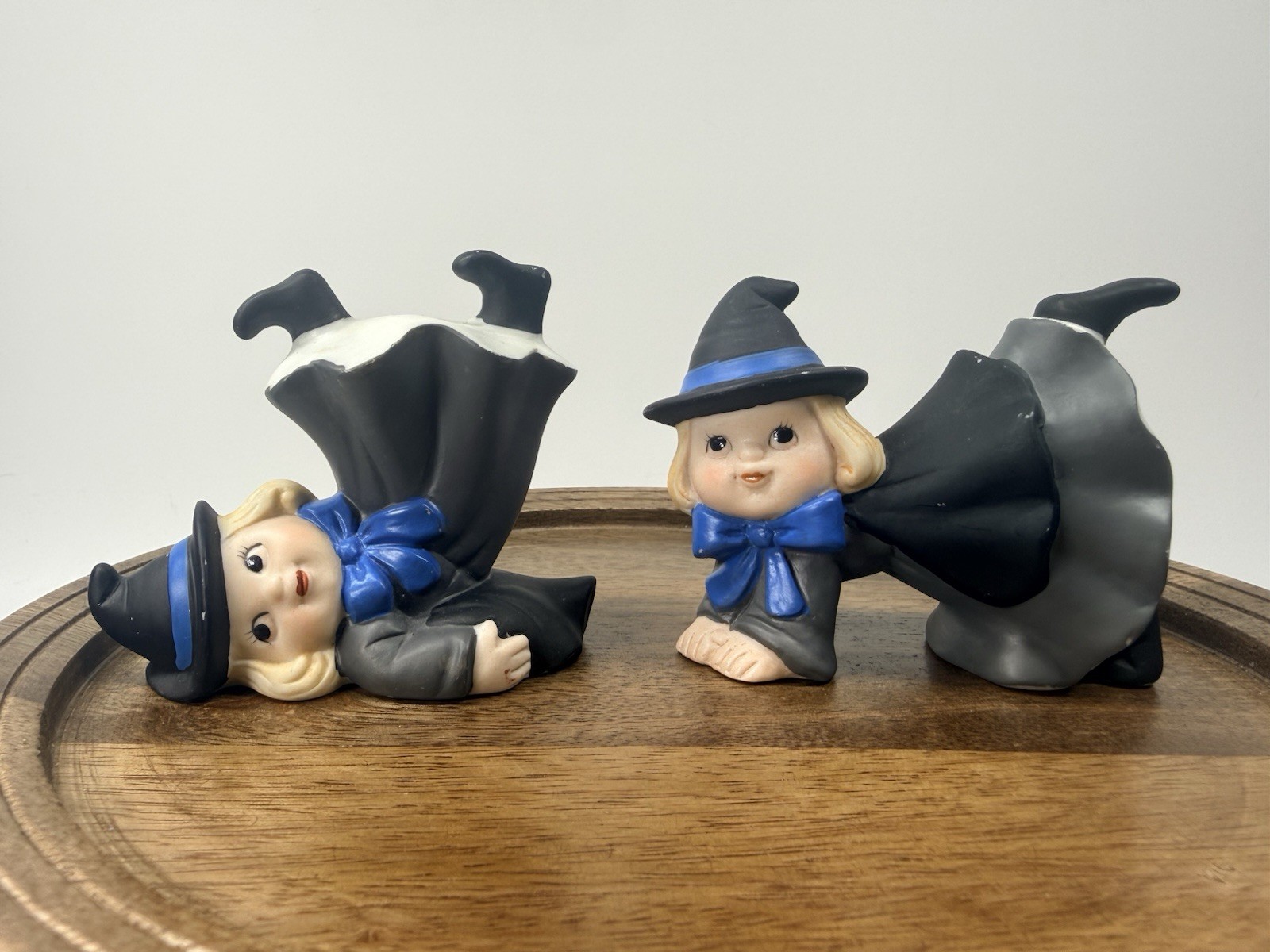 Lot of 2 Vintage 1980s Halloween Bisque Witch Tumbling Girl Figurines
