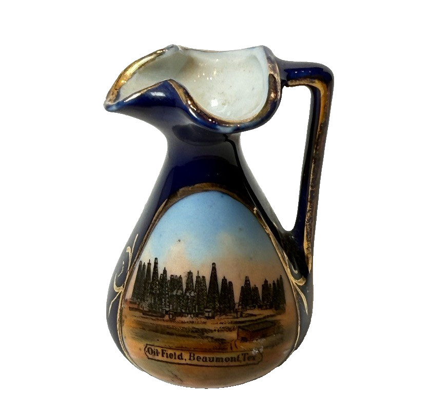 BEAUMONT Oil Field TX TEXAS ANTIQUE Souvenir China COBALT TRINKET VASE