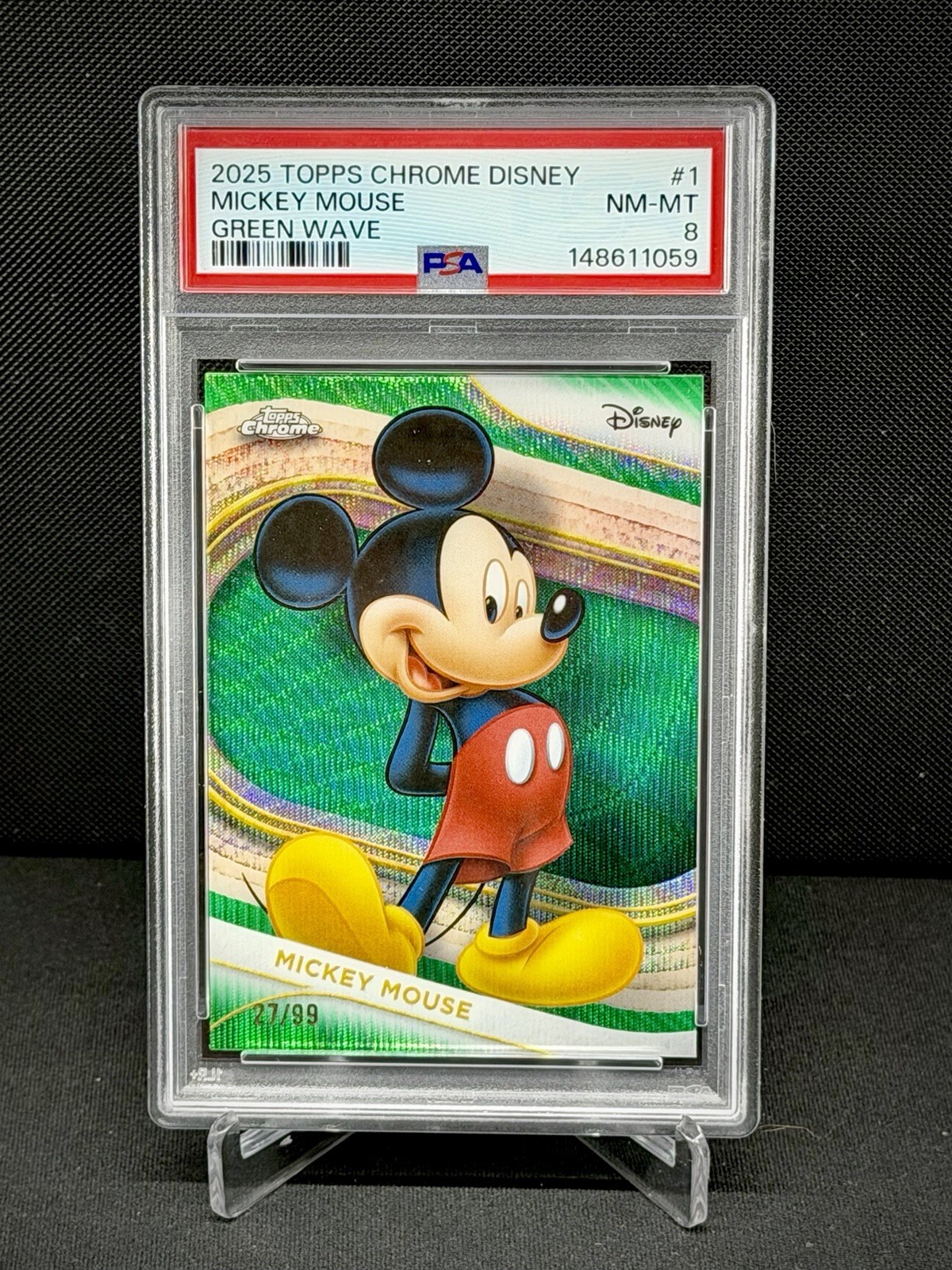 2025 Topps Chrome Disney Mickey Mouse Green Wave Refractor /99 PSA 8