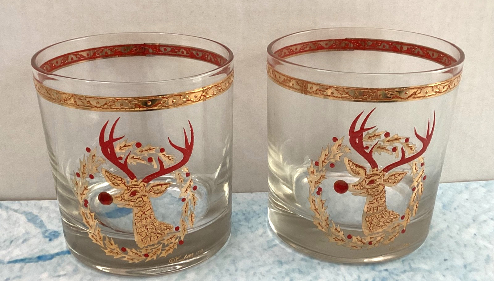 VTG Culver Signed MCM Rudolph The Red Nose Reindeer Old Fashioned Glasses (2)