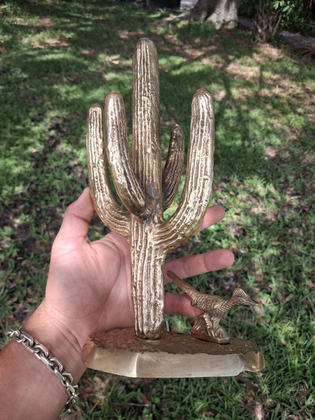 Vtg Solid Brass Saguaro Cactus Roadrunner Statue 10
