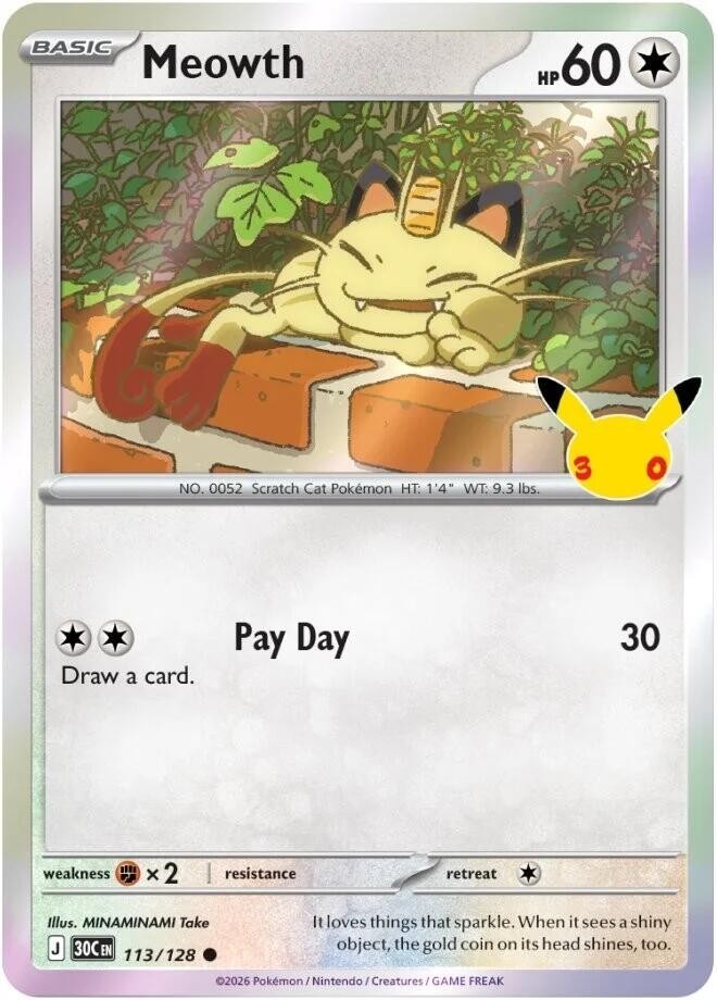 Pokemon 30th Celebrations Meowth 113/128 30th Anniversary English Holo