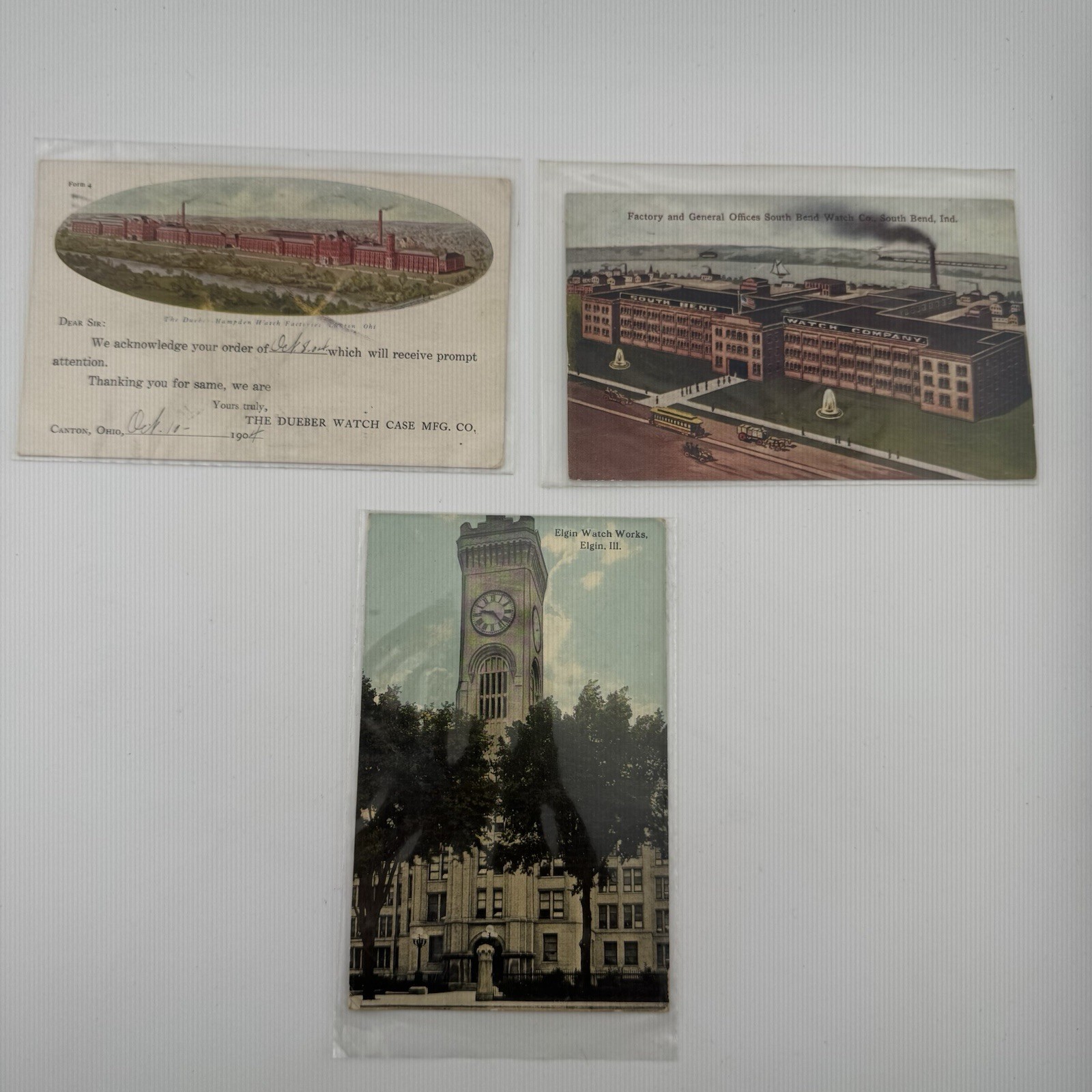 Antique 1900s Watch Factory Postcard Lot Dueber South Bend Elgin Advertising