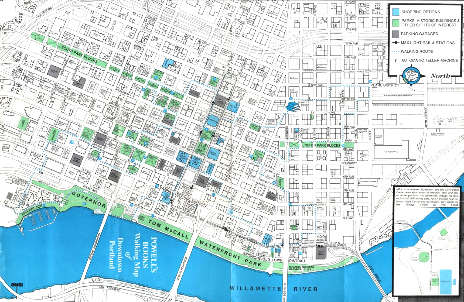 1995 POWELL'S BOOKS WALKING MAP OF DOWNTOWN PORTLAND, OREGON tourist brochure