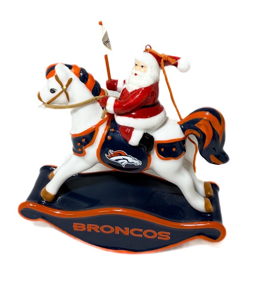 2007 Danbury Mint Denver Broncos Christmas Ornament Santa Rocking Horse & Box 4\