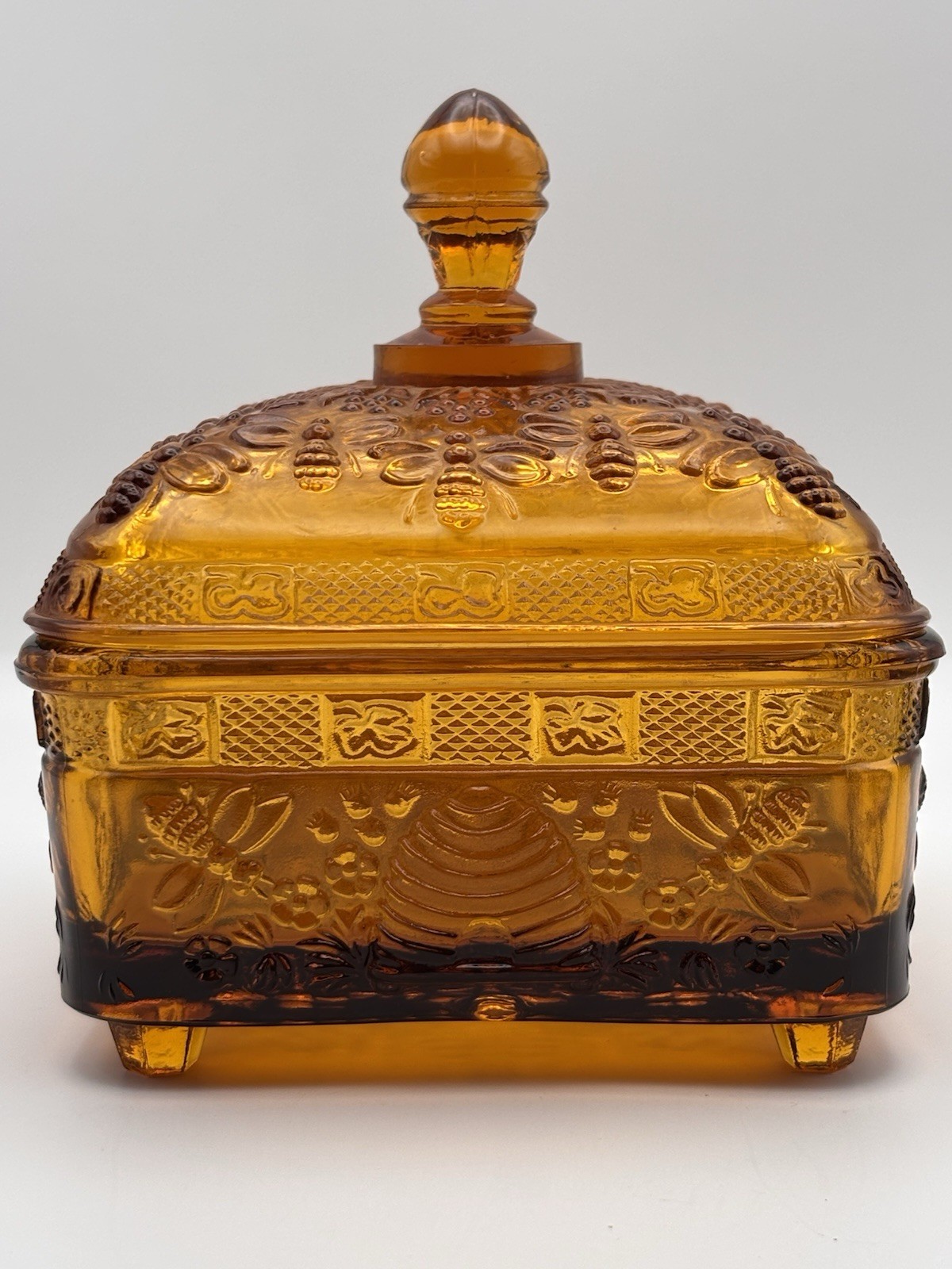 Vintage Tiara Exclusives Amber Glass Honey Box Bee Box Hive Indiana Glass MINT