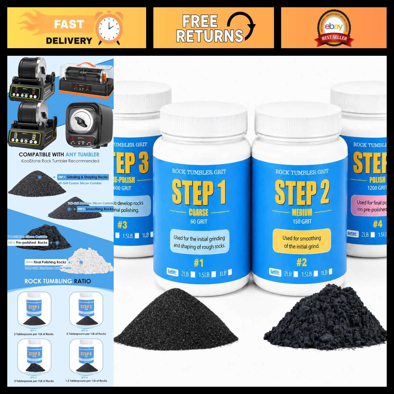 6 lb Rock Tumbler Grit Kit - 4-Step Polishing Media for Rotary & Vibratory Tumbl