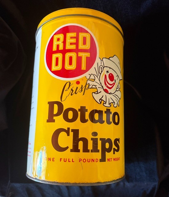 Vintage Large Red Dot Crisp Potato Chips Can Clown Graphic Red Dot Foods 1950's