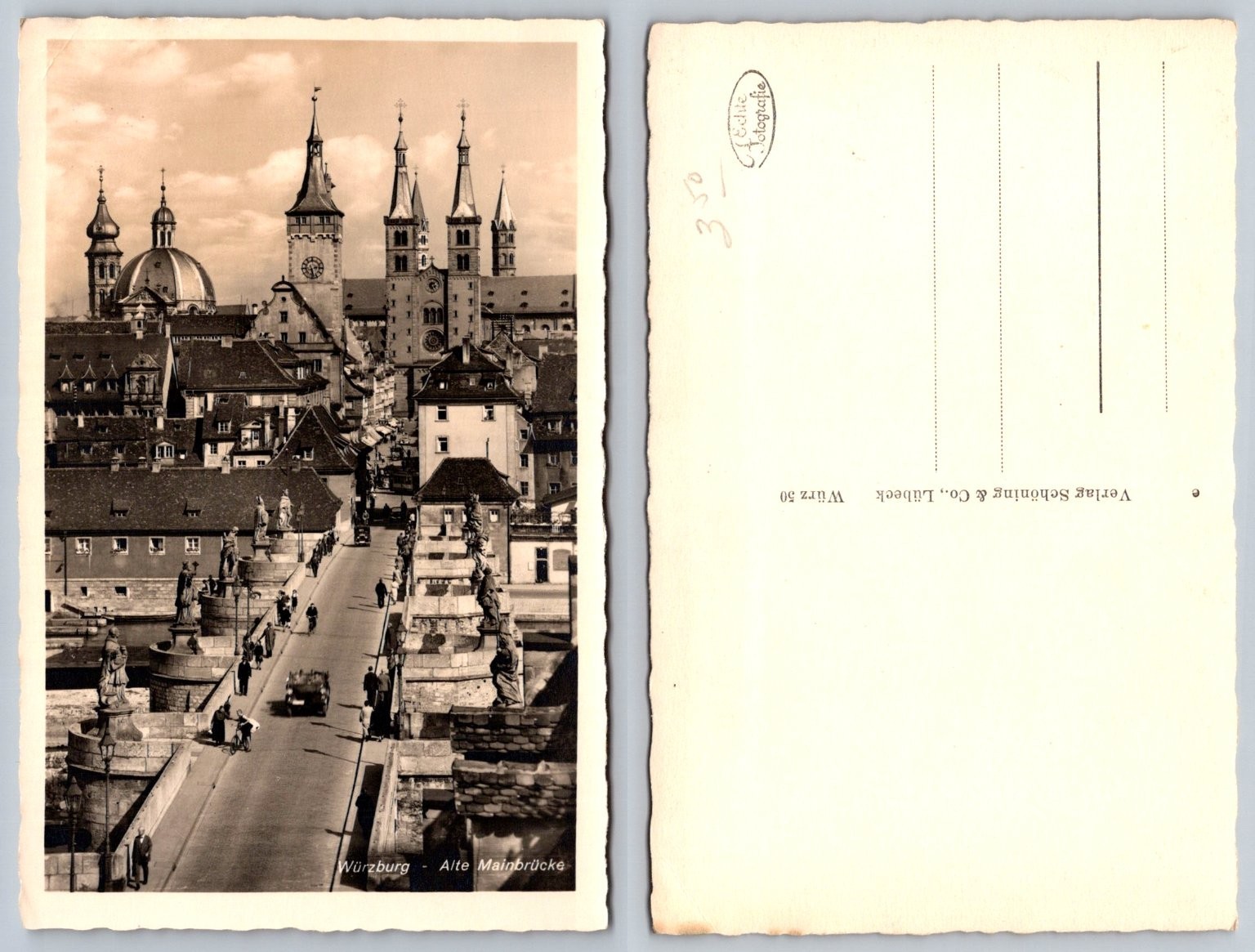 Würzburg Alte Mainbrücke Bridge & Cathedral Germany c. 1930s Photo Postcard