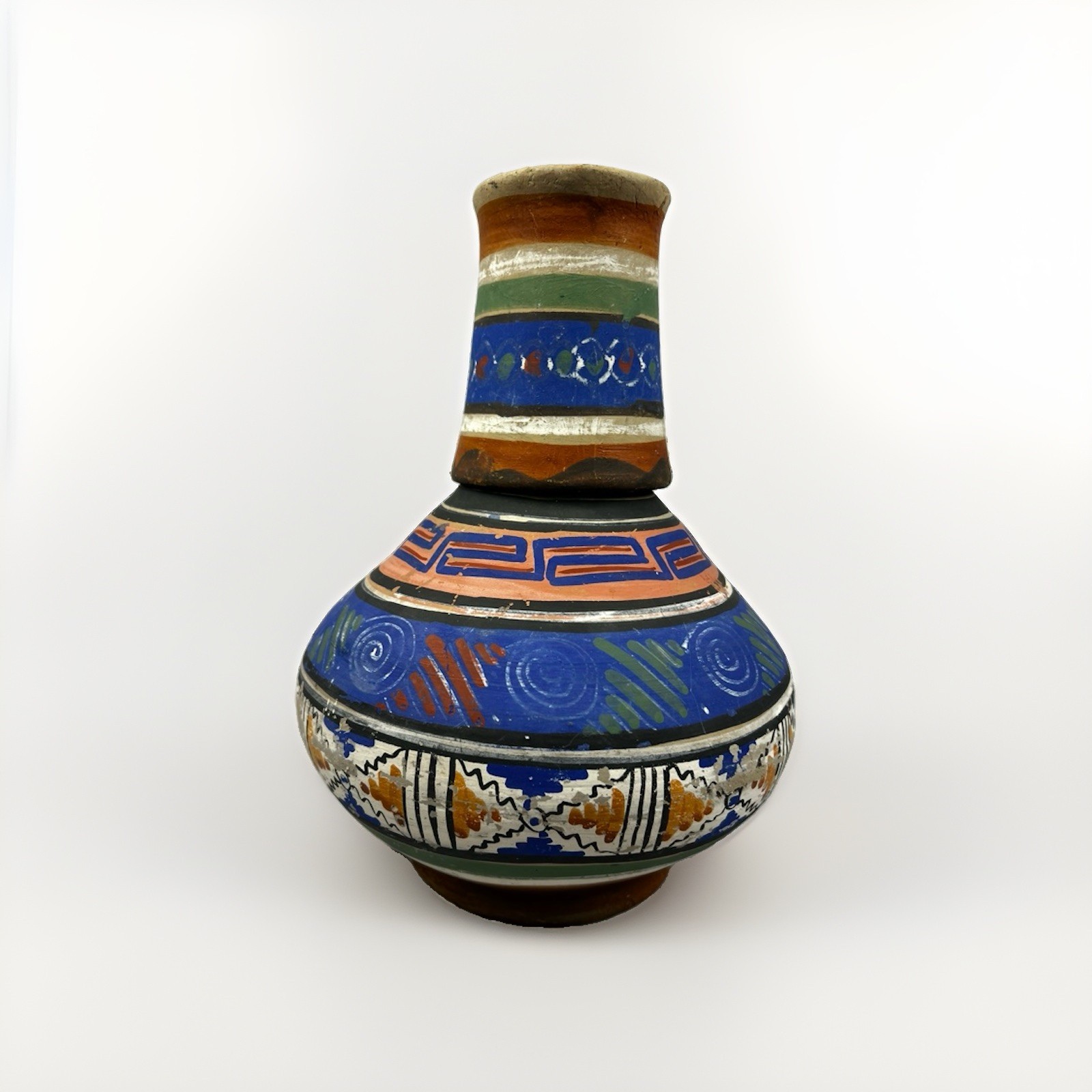 Vintage Mexican Folk Art Terracotta Water Jug Carafe Cup Set Hand Painted Clay