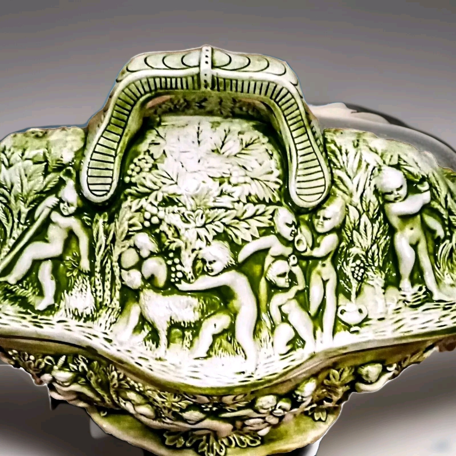 RARE Mid Century large majolica cherub and Dionysus tureen.  exc condition