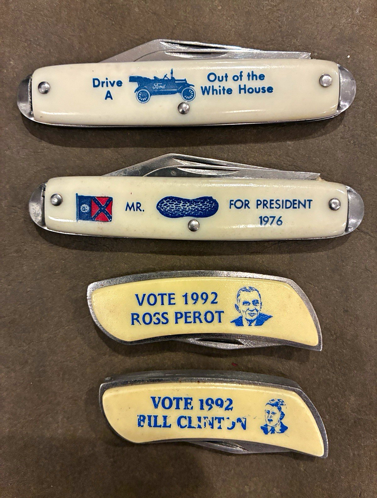Lot of 4 Vintage Political Campaign Pocket Knives Carter Ford Perot Clinton