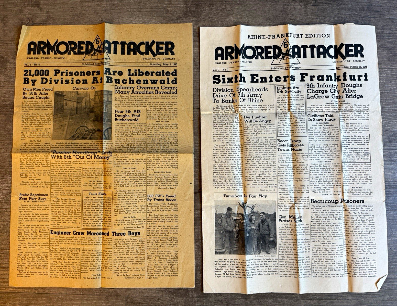 WWII 6th Armored Attacker Two Newspapers March May 1945 Buchenwald Frankfurt