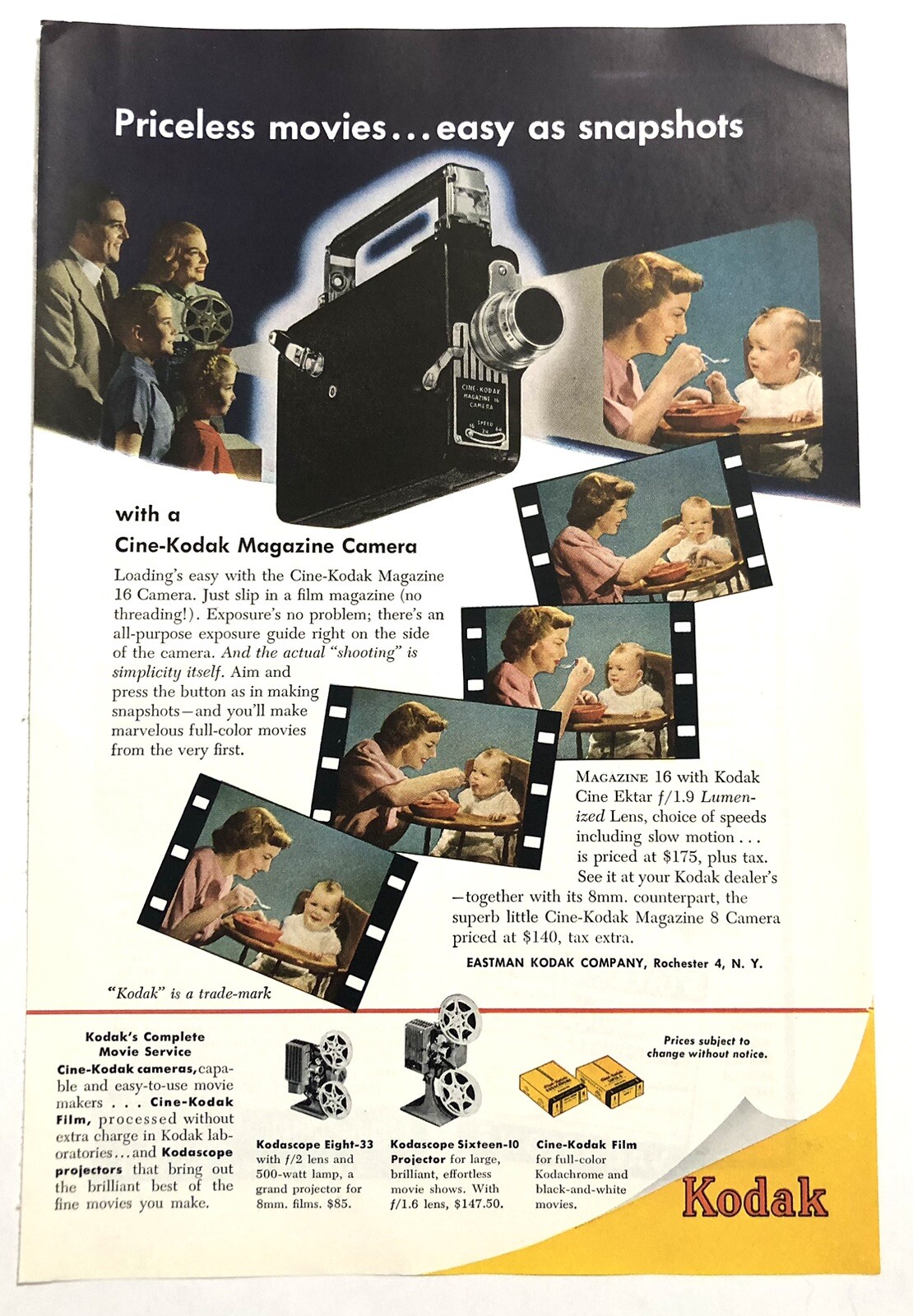 1949 Original Print Ad Full Page - Kodak - Priceless Movies  Vintage