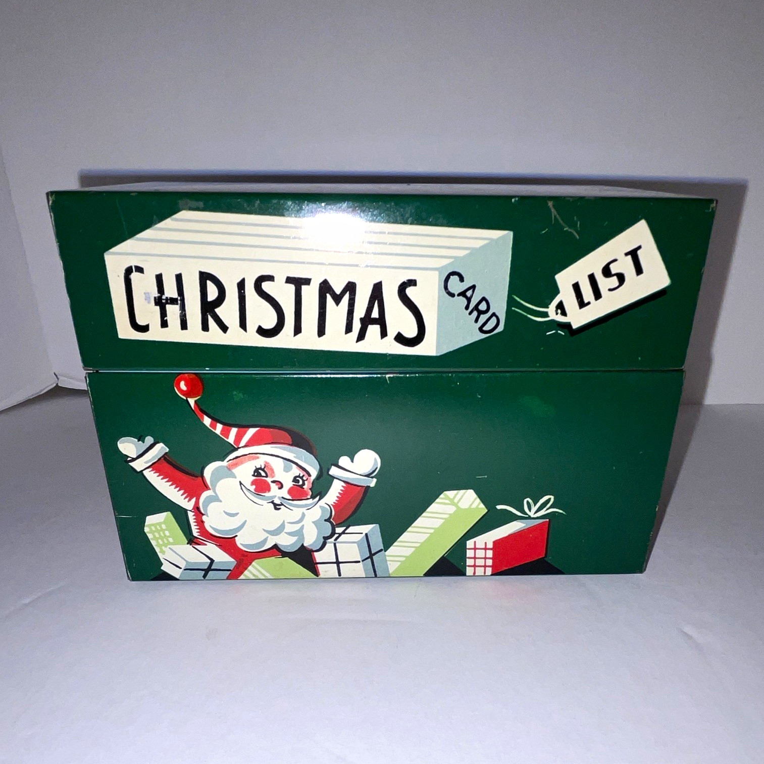Vintage 1954 Mayfair Christmas Card List/Recipe File Tin Box Litho Metal Santa