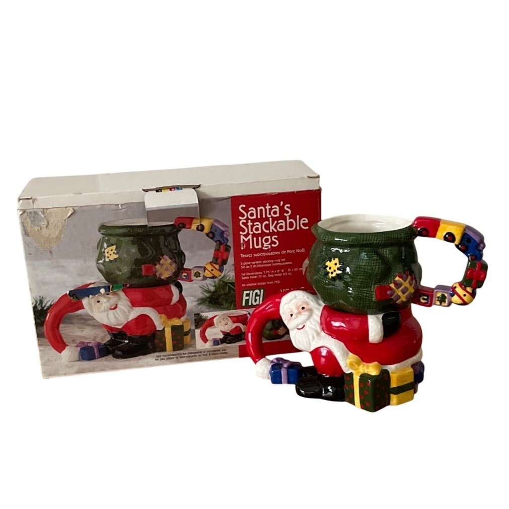 Vtg 1999 Figi Santas Stackable Mugs Set 2 Ceramic Christmas Decor Cookies Milk