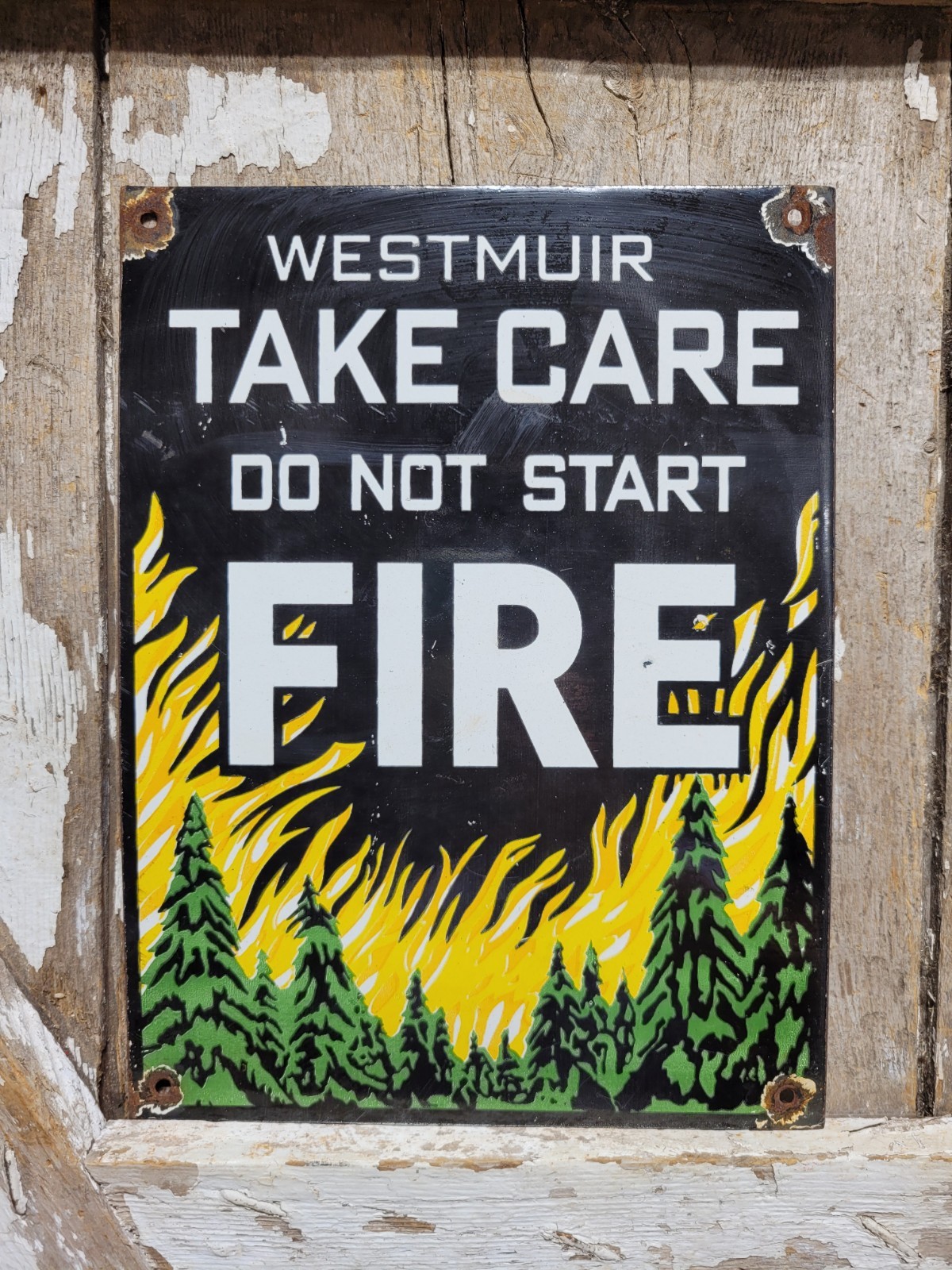 VINTAGE WESTMUIR PORCELAIN SIGN OLD DO NOT START FIRE WARNING SMOKEY SCOTLAND UK