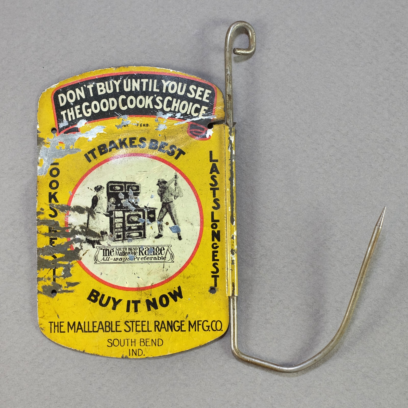1900s Malleable Steel Range South Bend, IN Antique Advertising Tin Bill Holder
